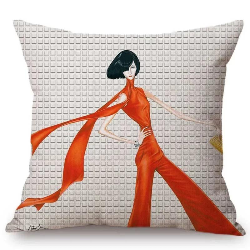 Fashion Lady Design Art Salon Beauty Store Decoration Throw Pillow Case Fashion Magazine Hand Drawing Art Girl Car Cushion Cover