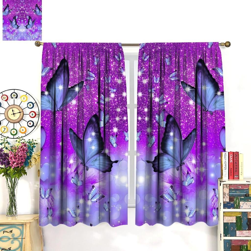 Dream Butterfly Curtain Purple Theme Window Curtain Spring Purple Half Curtain, Girls Room Personality Decorated Beautiful Purple Butterfly Curtain,