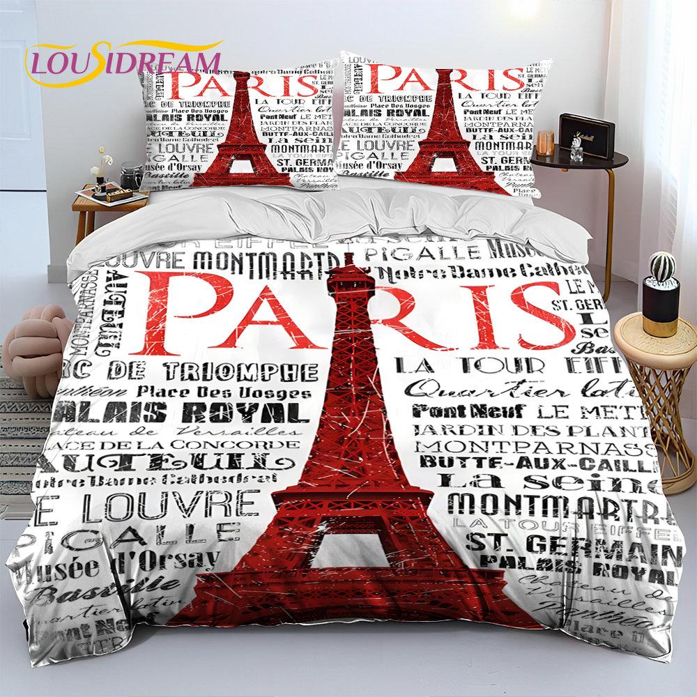 France Paris Eiffel Tower Comforter Bedding Set,Duvet Cover Bed Set Quilt Cover Pillowcase,King Queen Size Bedding Set Kid Adult
