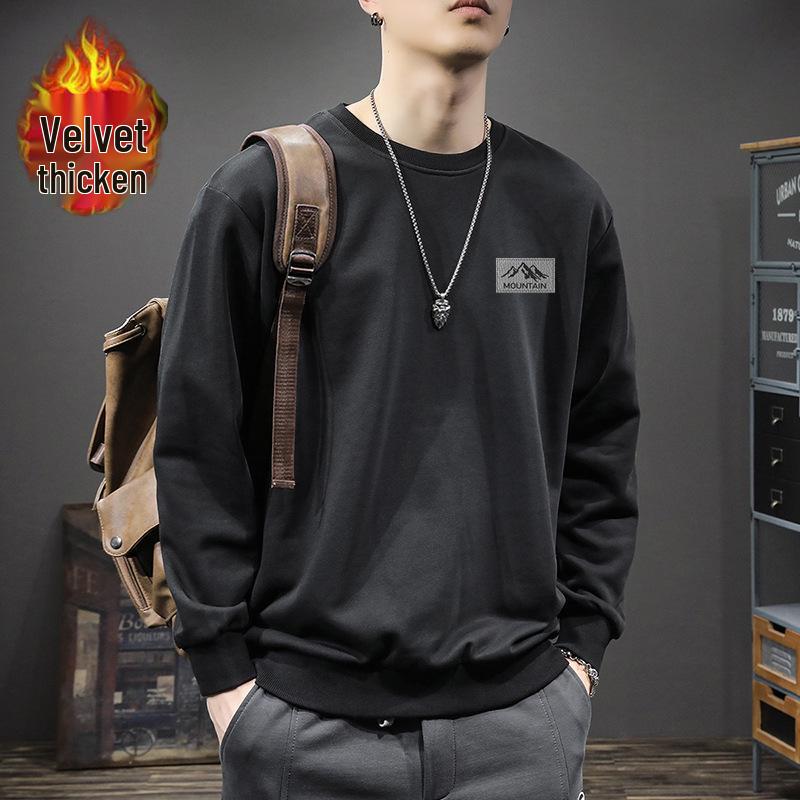 Men's Trendy Hong Kong Style Loose Fit Round Neck Sweatshirt, Autumn/Winter, Plus Velvet, 420g