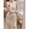 Suspender Dress Printed Pleated Mesh Outer Wear Inner Slim and Thin Temperament Fairy Pure Desire Style Design Long Dress