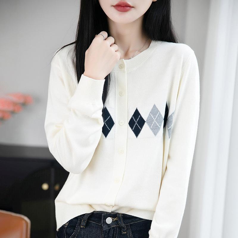 Spring and Autumn New Style Diamond Pattern Color-blocked Women's Knitted Cardigan with Checkered Jacquard Layering Sweater for Women