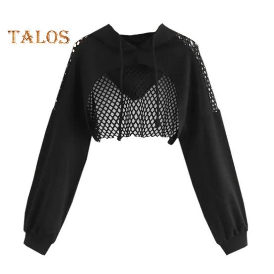 

Женская толстовка с капюшоном, сетчатая, с капюшоном, с длинными рукавами, на талии, с завязками, однотонная, уличная, для клубной вечеринки, укороченный топ XL чёрный