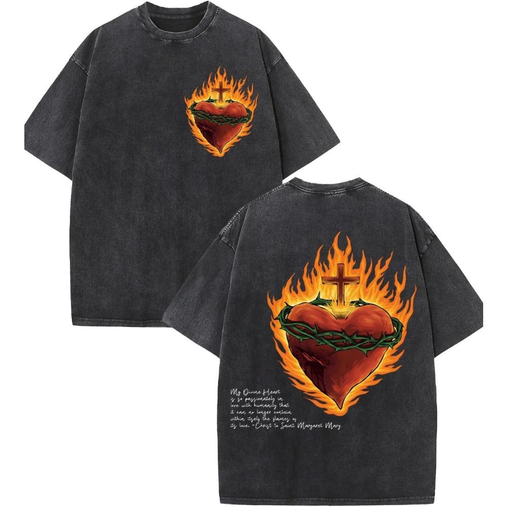 Vintage Schwarz gewaschenes T-Shirt mit Buchstabenaufdruck Kreuz Kronenaufdruck Oversized Streetwear Tee Lässiger Stil Kurzarmshirt