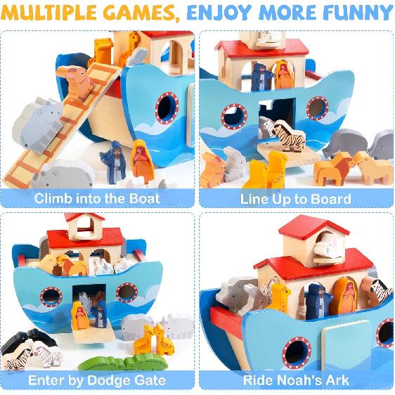 JUSTWOOD Деревянный Ковчег Ноя Игровой Набор Животных, Игрушки по Библейской Истории, Подарок на Крещение для Мальчиков и Девочек, Детская Игрушка-Сортер Форм, Соответствует Новым Стандартам ASTM 2025