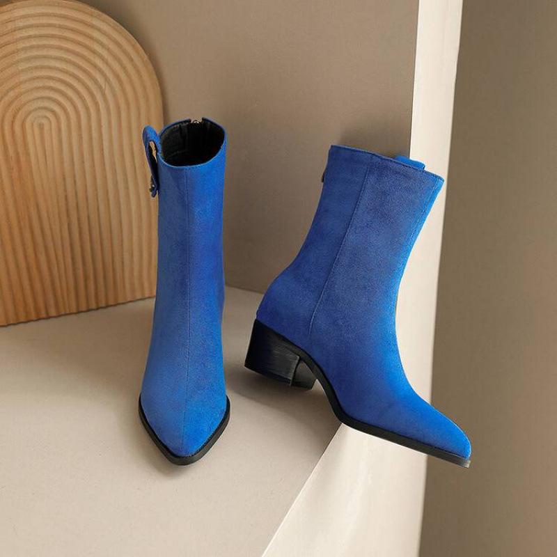 New women's pointed large-size Martin boots solid color rear zipper comfortable women's boots autumn and winter rubber-soled medium boots