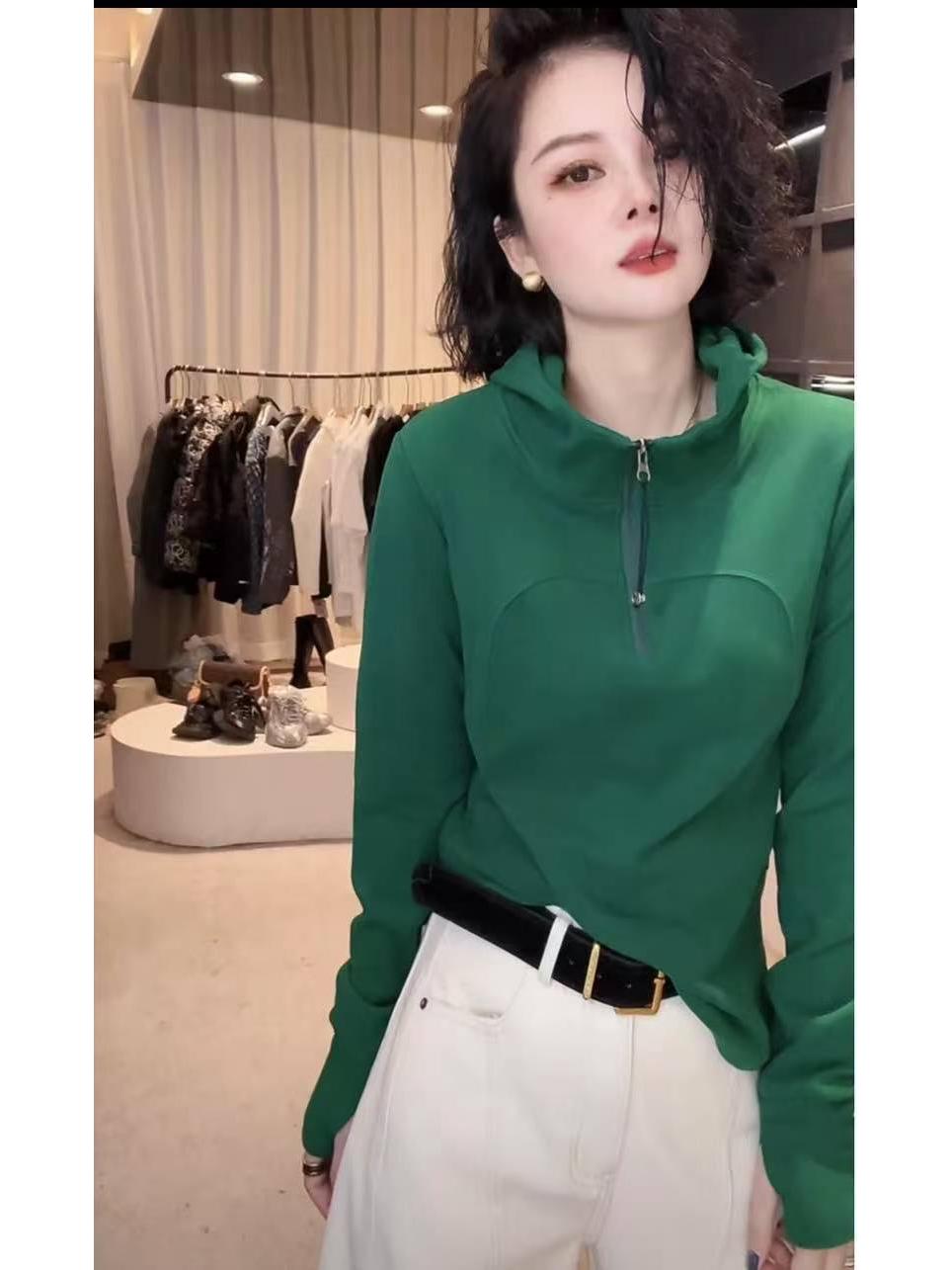 

Женский однотонный свитшот с высоким воротником и капюшоном - Мода весна/осень 2025, Свободный и универсальный стиль L зелёный