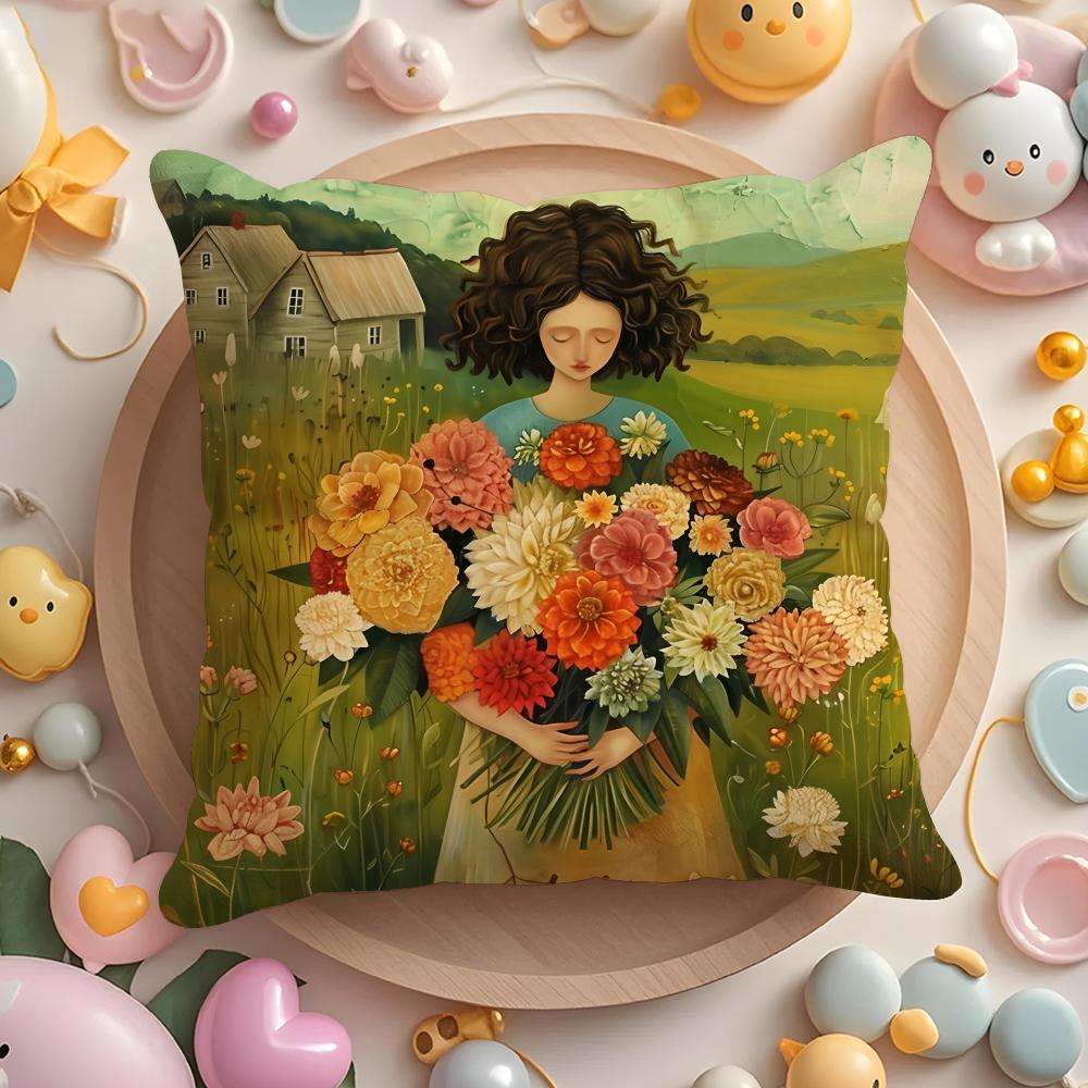 The girl is holding flowers Cushion Cover Short Plush DoubleSided Printing Home Machine Washable in Warm Winter Pillow Cover