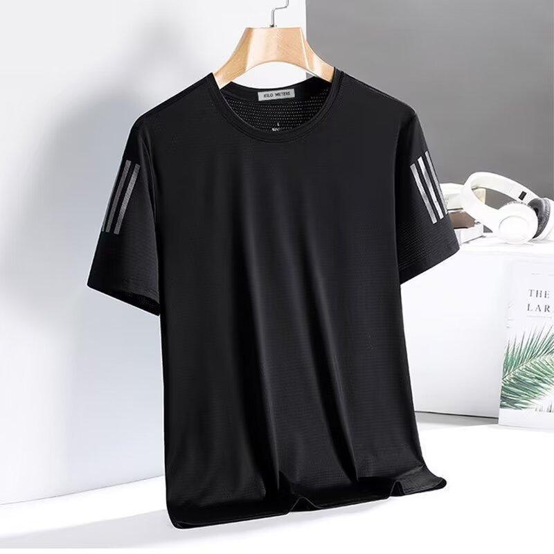 Ice silk short-sleeved T-shirt men's summer loose large size round neck short-sleeved men's sports casual quick-drying top versatile