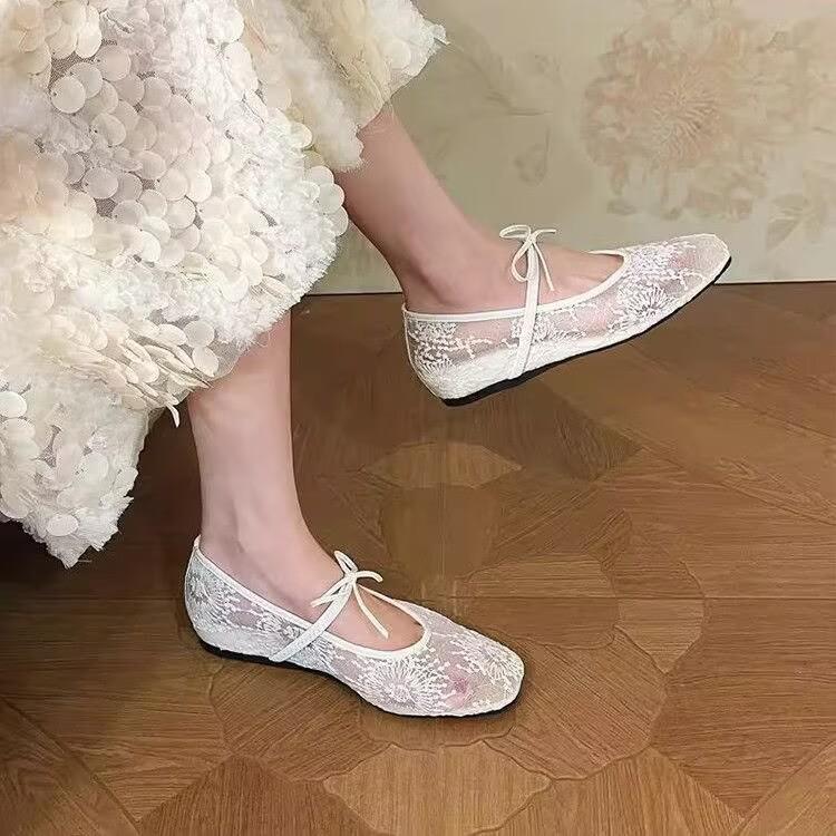 Breathable Lace Mesh Single Shoes 2026 Spring and Summer New Flat Women's Shoes Bow Light Mouth Mary Jane Shoes