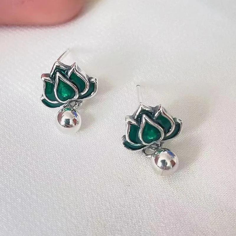 Blue Lotus Flower Earrings for Women Fresh Vintage Classic Art Enamel Tassel Short Earings Stud Party Jewelry Gifts