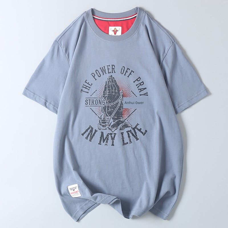 Fashionable Vintage Printed Round Neck Short-Sleeve Men's T-Shirt Made of Washed Cotton for Export