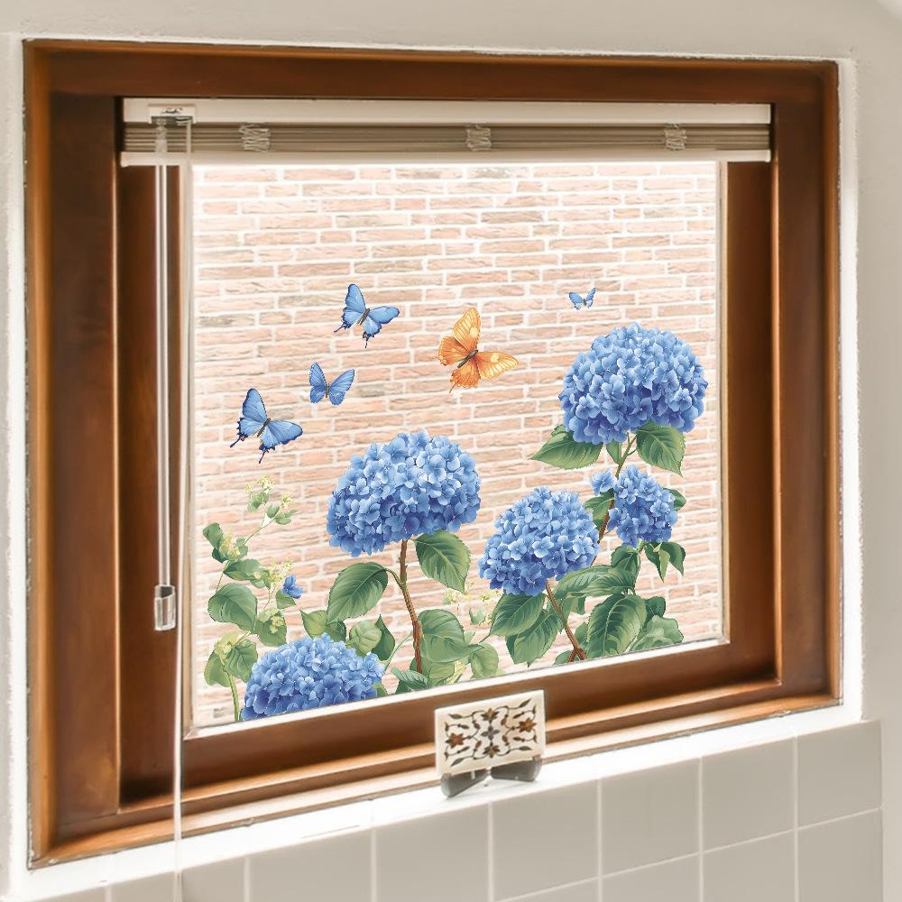 Hydrangea Butterfly Glass Window Home Beautification and Decoration Window Stickers Uv Static Electricity