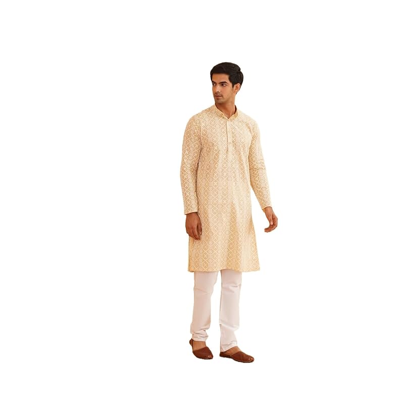 SOJANYA (Since 1958 Men' Cotton Sequence Embroidered Kurta with Churidaar Pyjama