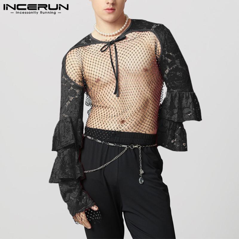 INCERUN Men Lace Up See Through Lace Crop Tops Club Party Mesh Short T-shirts