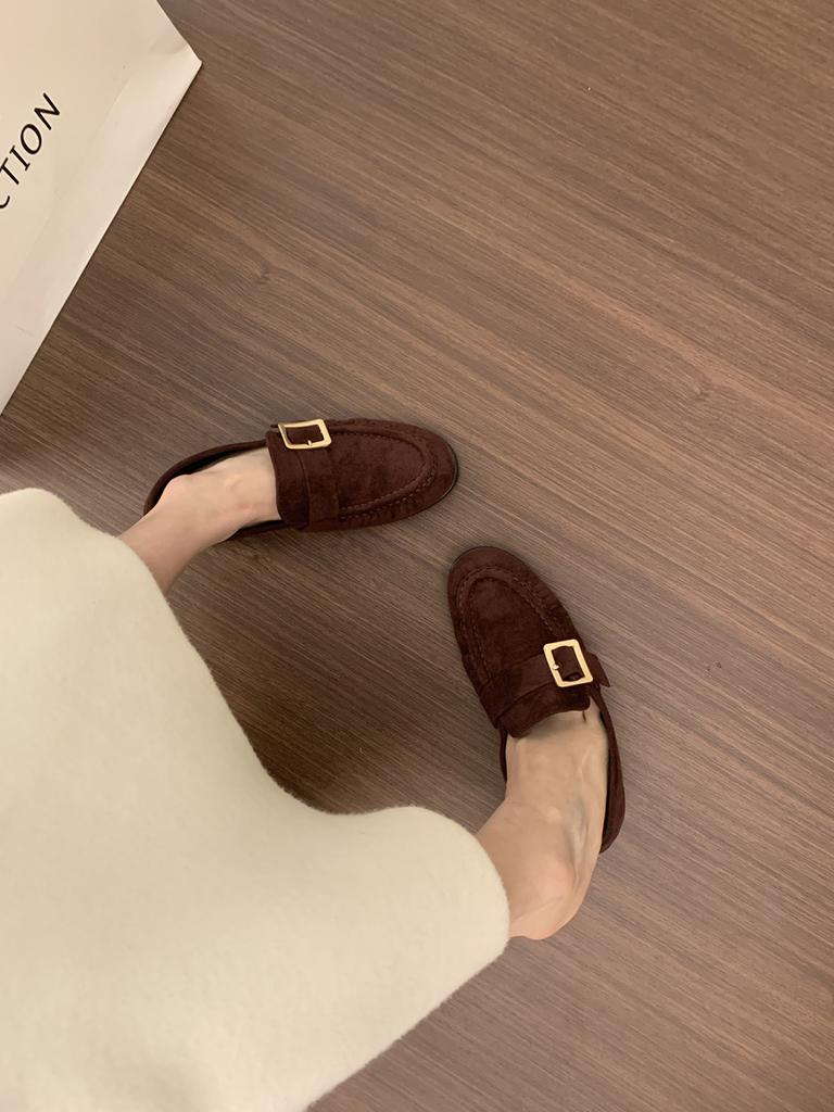 Heel Height 2cm~ Retro British Lazy One-pedal Suede Loafers Versatile Commuting Not Tired Feet Flat Single Shoes Women