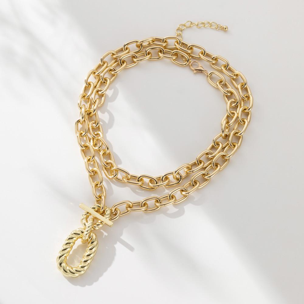 Layered Aluminum Stylish Chain Necklace With Geometric Metal Lock For Women