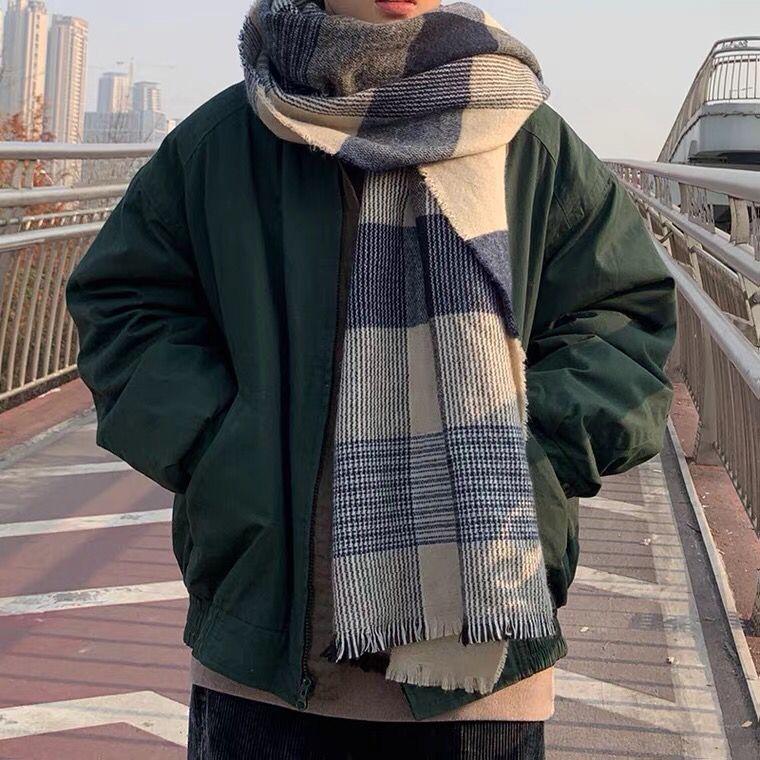Plaid Scarf Men's Winter Korean Style Versatile Student Long Neck Warmer Birthday Gift for Boyfriend