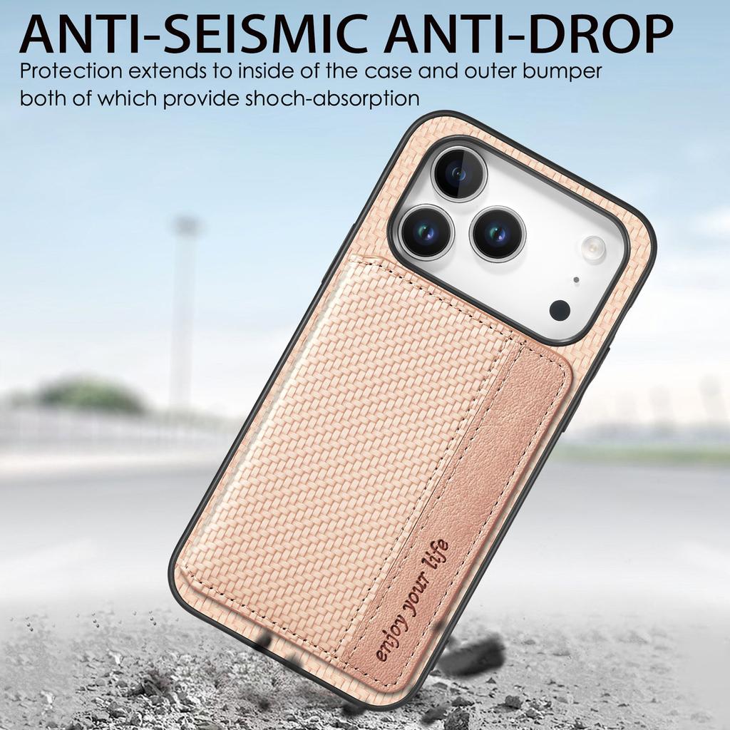 For iPhone 17 Pro Max Case RFID Blocking Carbon Fiber Leather Phone Back Cover with Card Holder