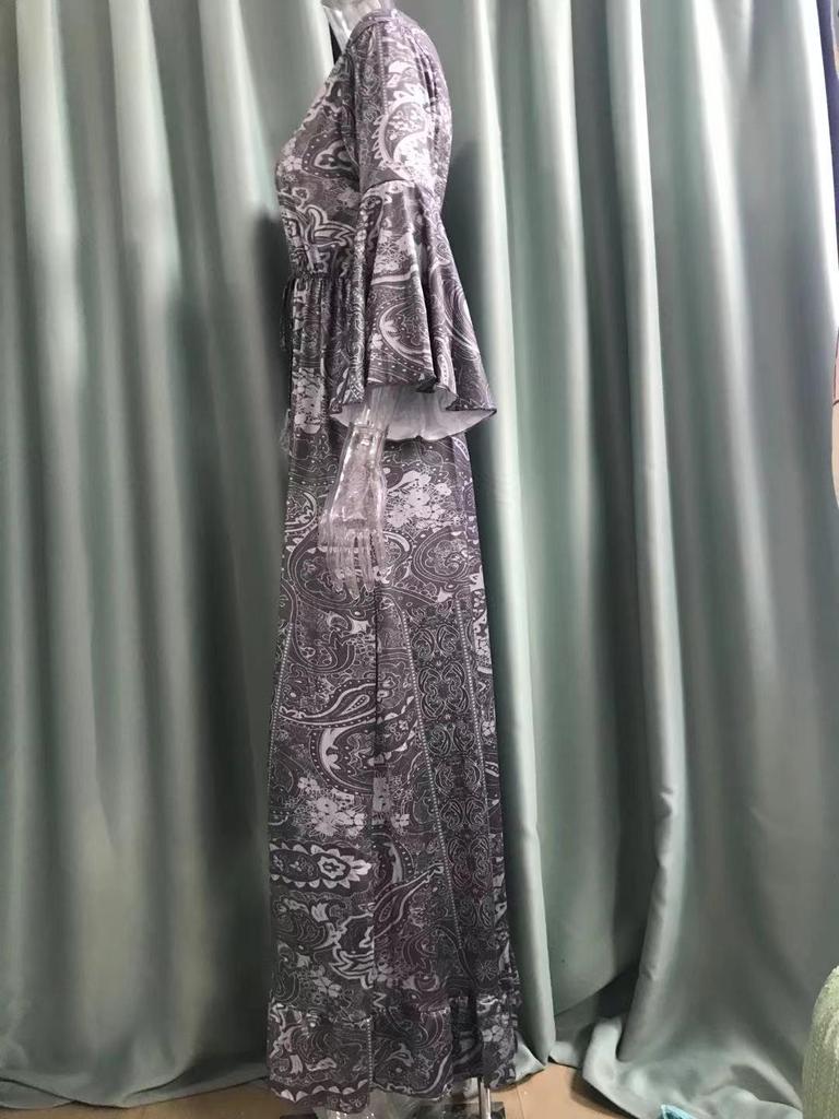 2023 Bohemian Style V-Neck Bell Sleeve High Waist Floral Vacation Dress for Women