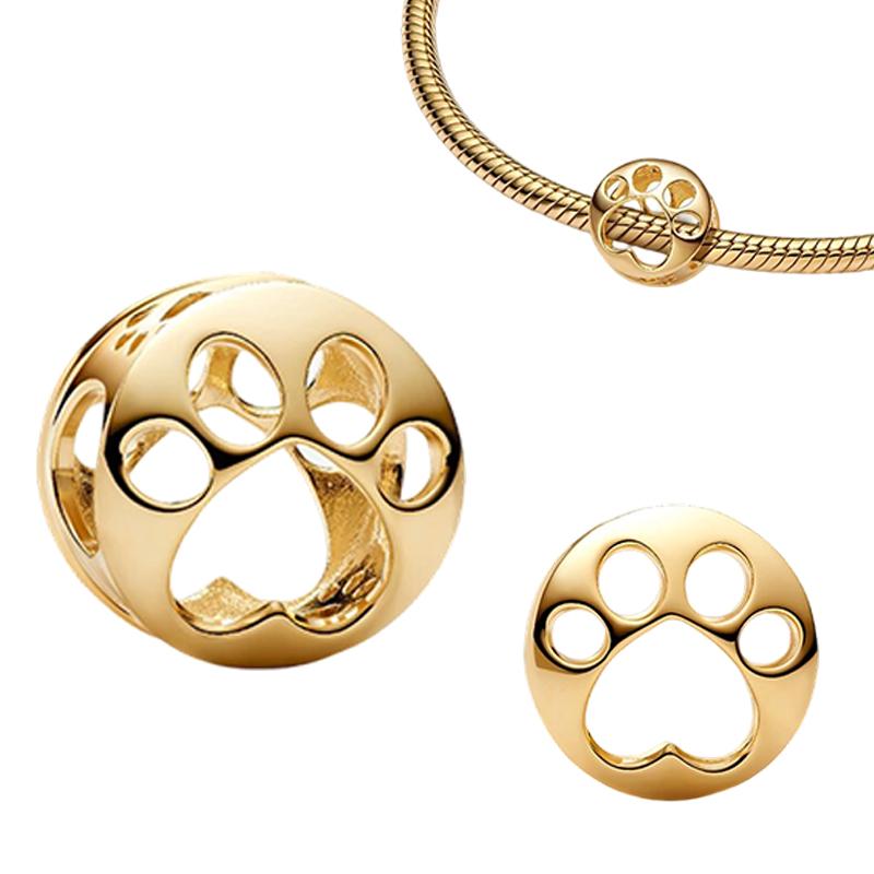 Sparkling Golden Pet Cat Lucky Horseshoe Paw Print Charm Beads Fit Original Bracelets Necklace Diy Women Jewelry Gifts