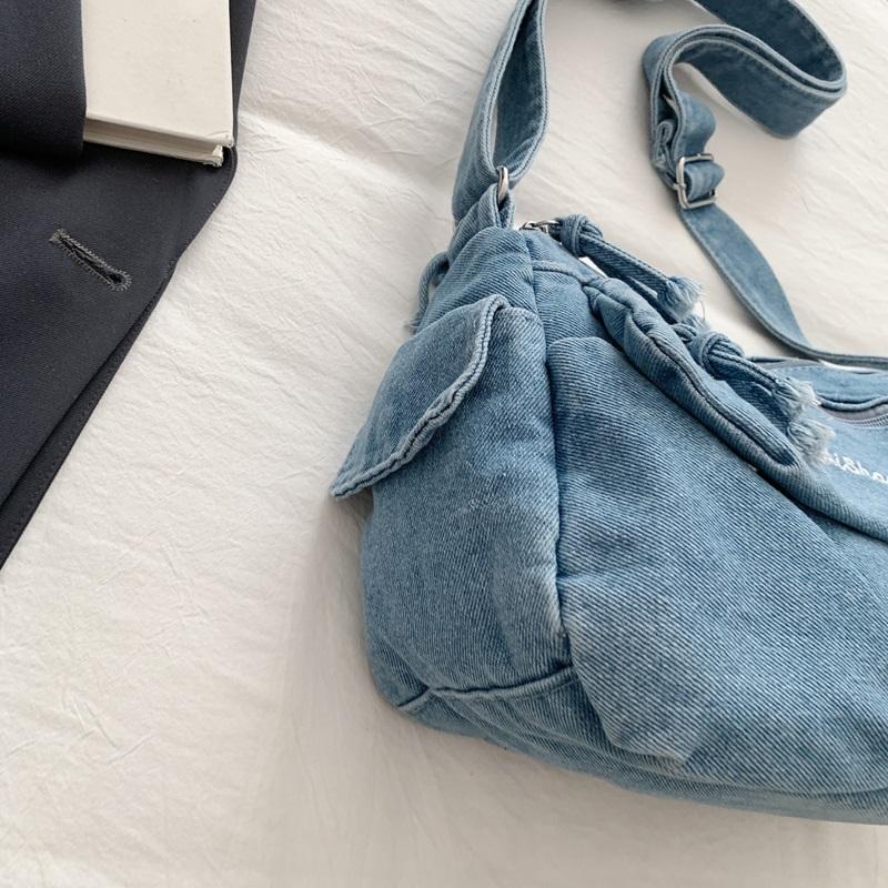 Women Denim Shoulder Bag Vintage Large Capacity Casual Tote Handbag with Multiple Pockets