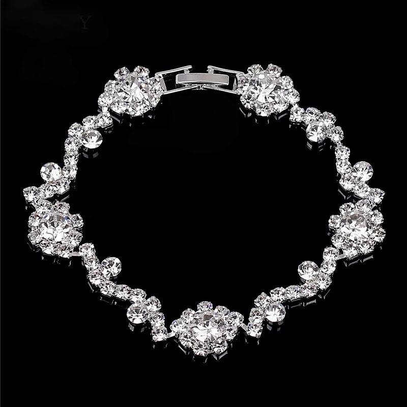 

Серебряный свадебный цветок, полный бриллиантовый браслет, ювелирные изделия, новая модная цепочка со стразами, свадебные украшения белый