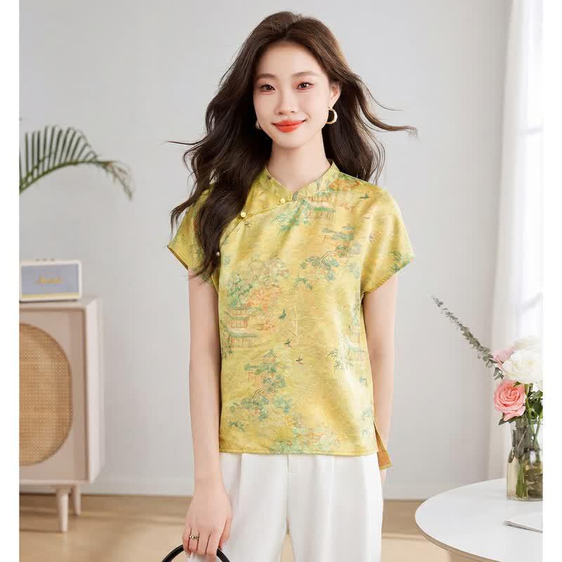 ORIGIN Chinese Style Retro Printed Stand Collar Short Sleeve Shirt