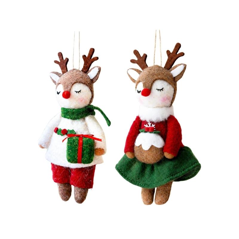 Cartoon Christmas Reindeer Hanging Decoration with Short-Pile Fabric, Finished Edges, and Holiday Artwork for Branch Displays
