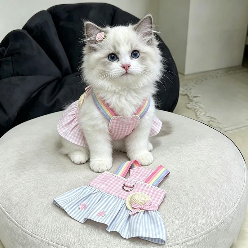 Pet Cat Dress Sweet Rainbow Strap Princess Skirt Ragdoll Golden Shaded Cats Anti-Shedding