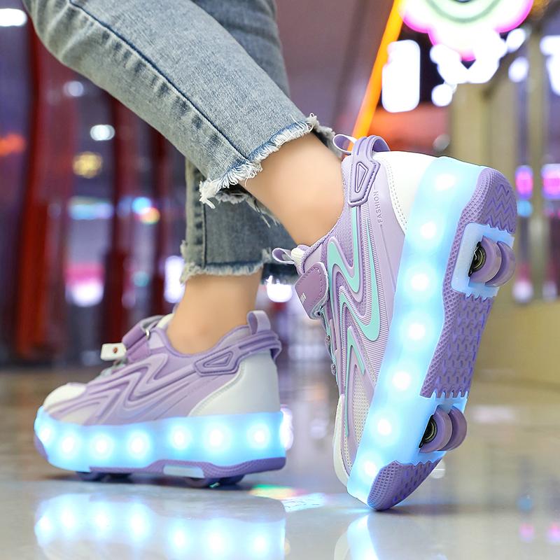Kids Glowing Sneakers Rubbing Shoes Charging and Disassembling Four Wheels Slide Shoes LED Kids Glowing Sneakers