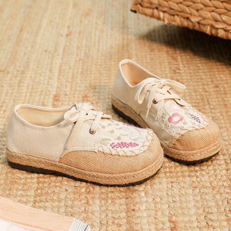 

Женские туфли в этническом стиле в стиле ретро с вышивкой, на плоской подошве, с ремешком, на весну и лето, с круглым носком, повседневные туфли из хлопка и льна 40 бежевый