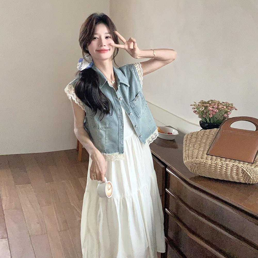 

Летний женский джинсовый жилет с кружевной отделкой и платье-камезоль, комплект YL729 M (105-115 jin)