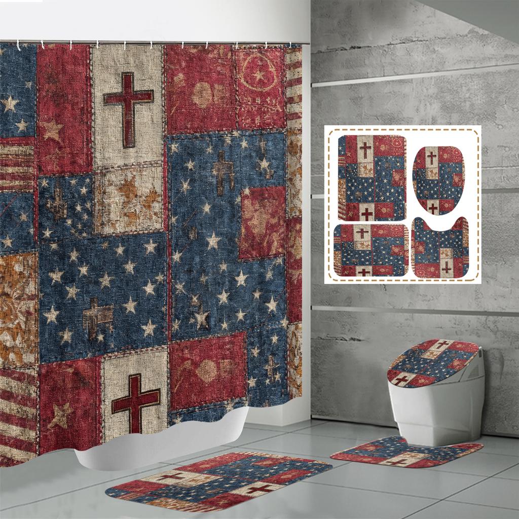 4PCS  Shower Curtain Sets With Shower Curtain And Rugs Toilet Lid Rug U Shape Mat And Bath Mat Bathroom Set  With 12 Hooks