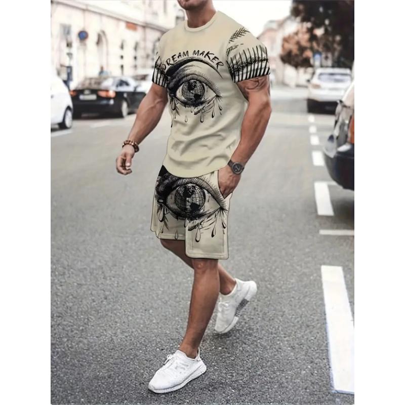 Traje de Moda Estampado 3D de Coco Hawaiano Cuello Redondo para Hombre Casual Diario Manga Corta y Pantalones Cortos Traje de Moda Urbana Harajuku