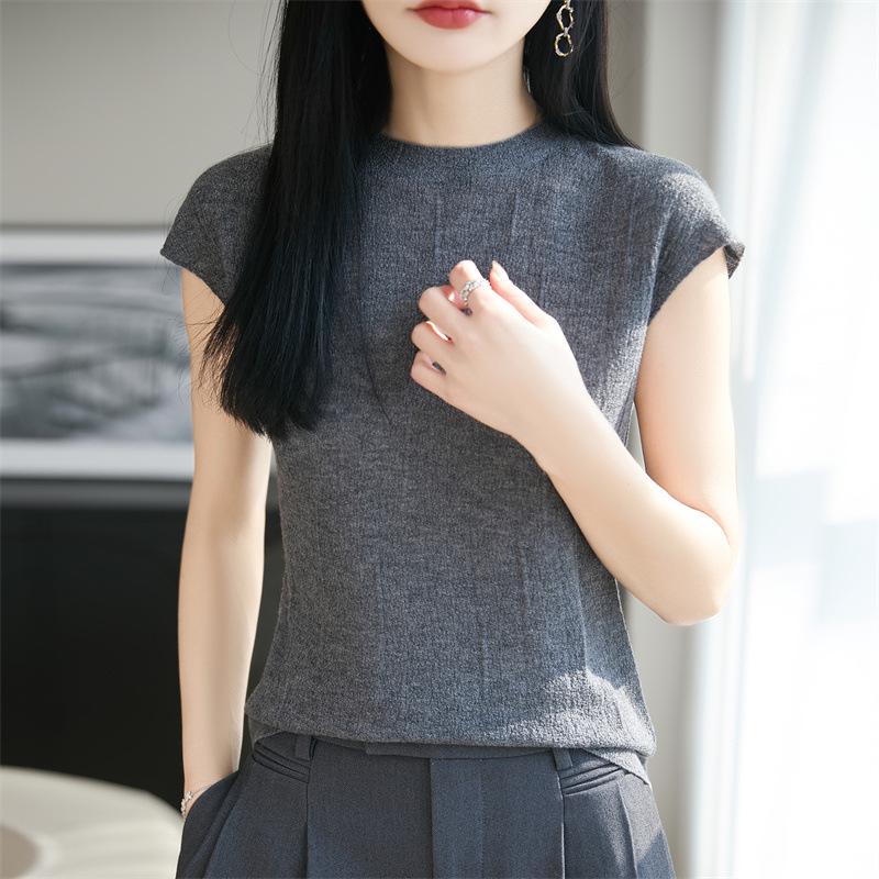 Women's Slim Fit Knit Round Neck Vest – 60 Count Fine Spun Wool Blend, Short Sleeve, Lightweight Summer Layer