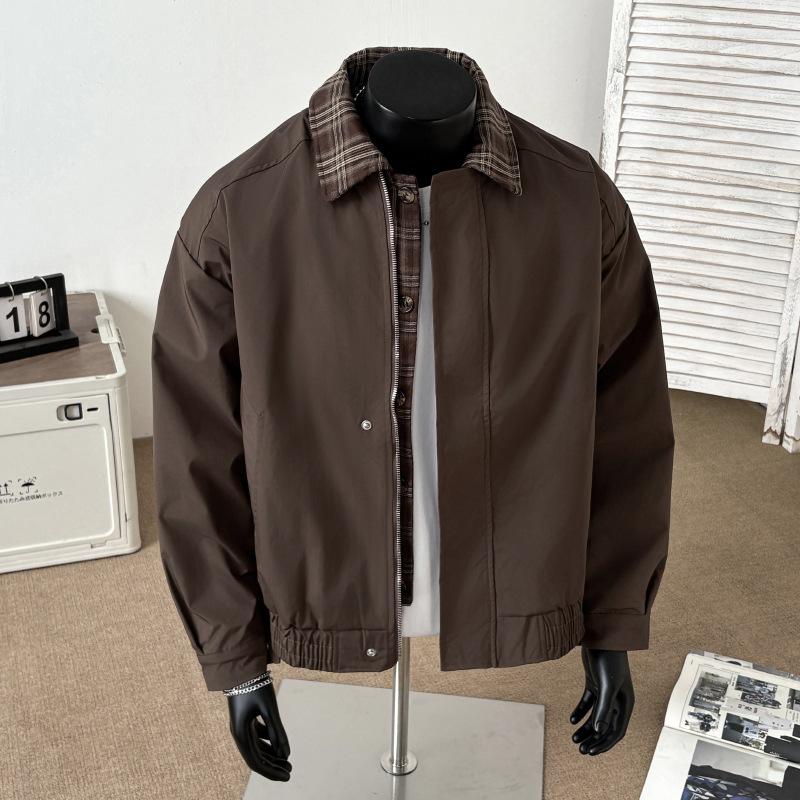 Vintage Vintage Checked Spliced Jacket Men's Autumn Maillard Fake Two-piece Jacket Lapel Short Baseball Jersey