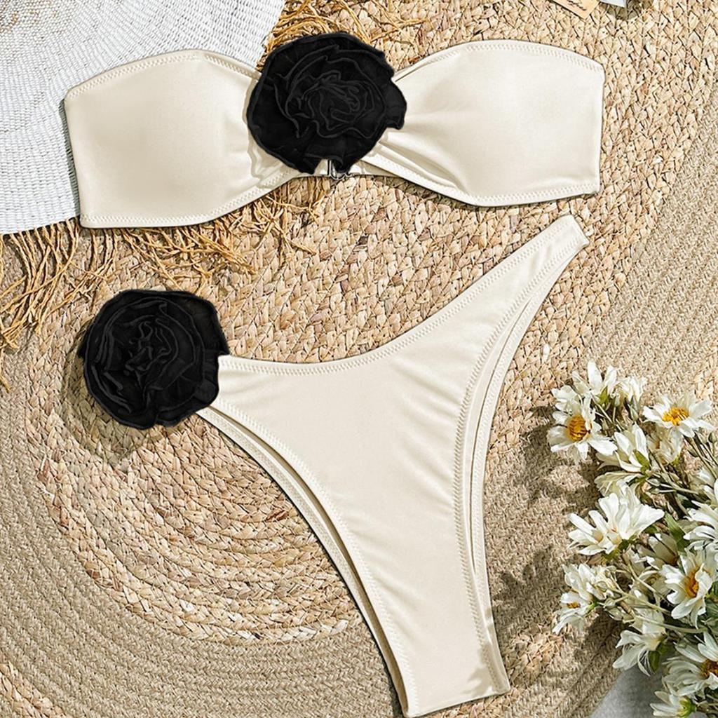 Three-Dimensional Floral Bikini Set: Bandeau Top & Triangle Bottoms