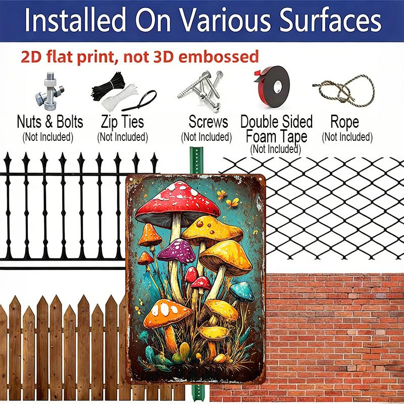 2D Flat, Vintage Colorful Mushrooms Aluminum Sign - Retro Forest Wall Decor Cabin Decor, Forest Themed Room, Rustic Home, Witchy Space, Plant Lover