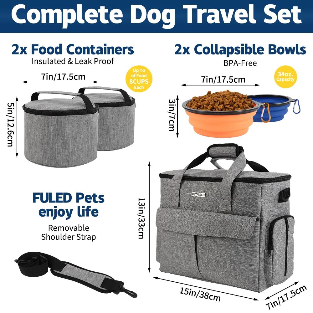 Large 6 PCS Airline Approved Dog Travel Bag Set Weekend Pet Travel Organizer with Multi-Function Pockets for Supplies