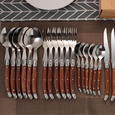 Tableware Set Option Wood Handle Korean Dinnerware Stainless Steel 6 Steak Knives 6 Forks 6 Spoon 6 Teaspoon High Quality Cutlery 24Pcs Laguiole