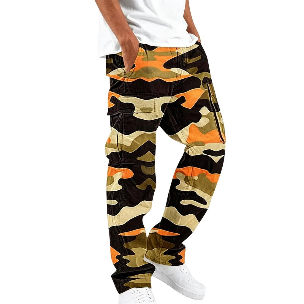 Men Drawstring Elastic Waist Cargo Pants Four Pockets Digital Print Loose Fit Long Trousers for Daily Outdoor Wear
