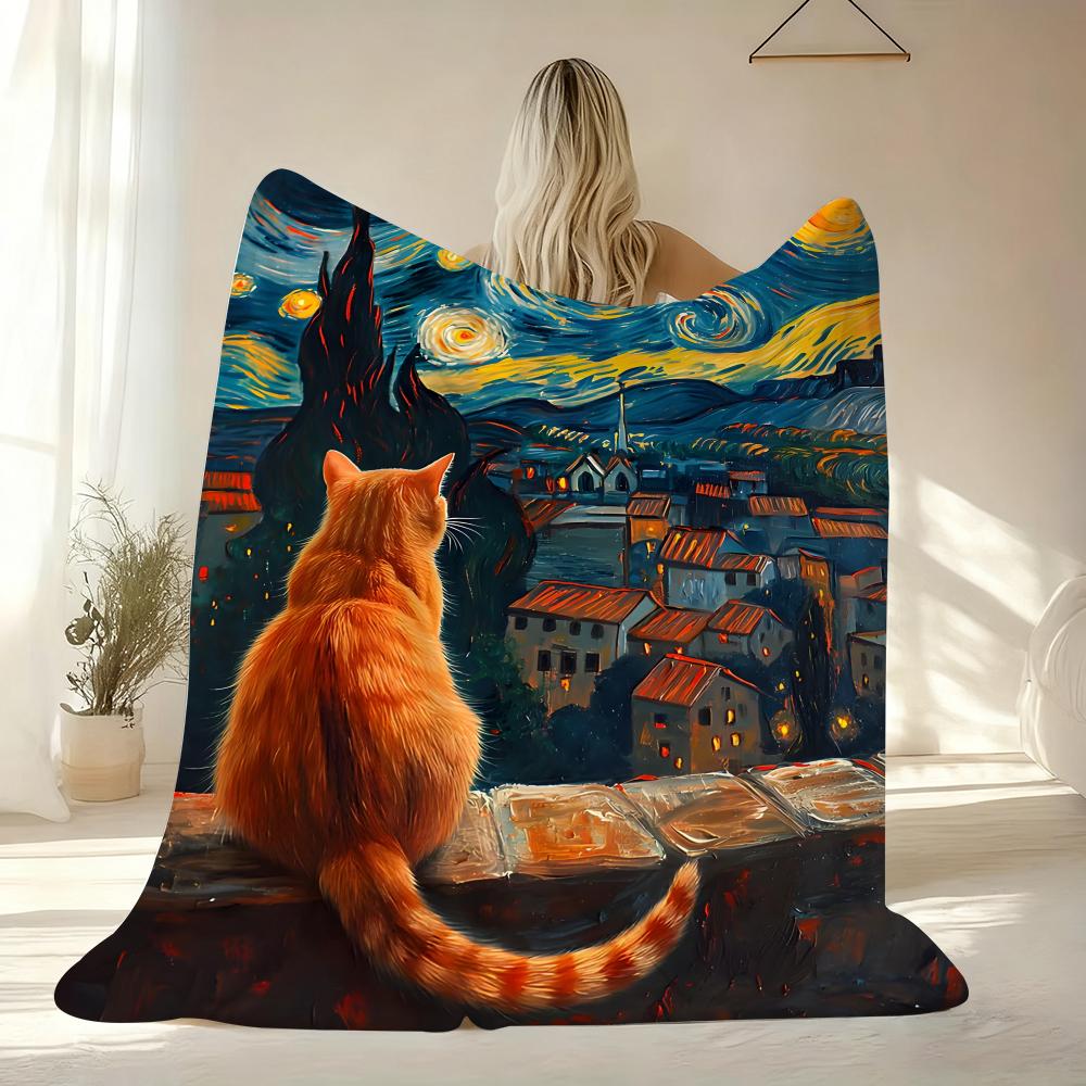 Starry Night And The Cat Throw Soft Flannel AC Blanket Lightweight Summer Nap Throw Cozy  Blanket for Sofa Bed Travel Home