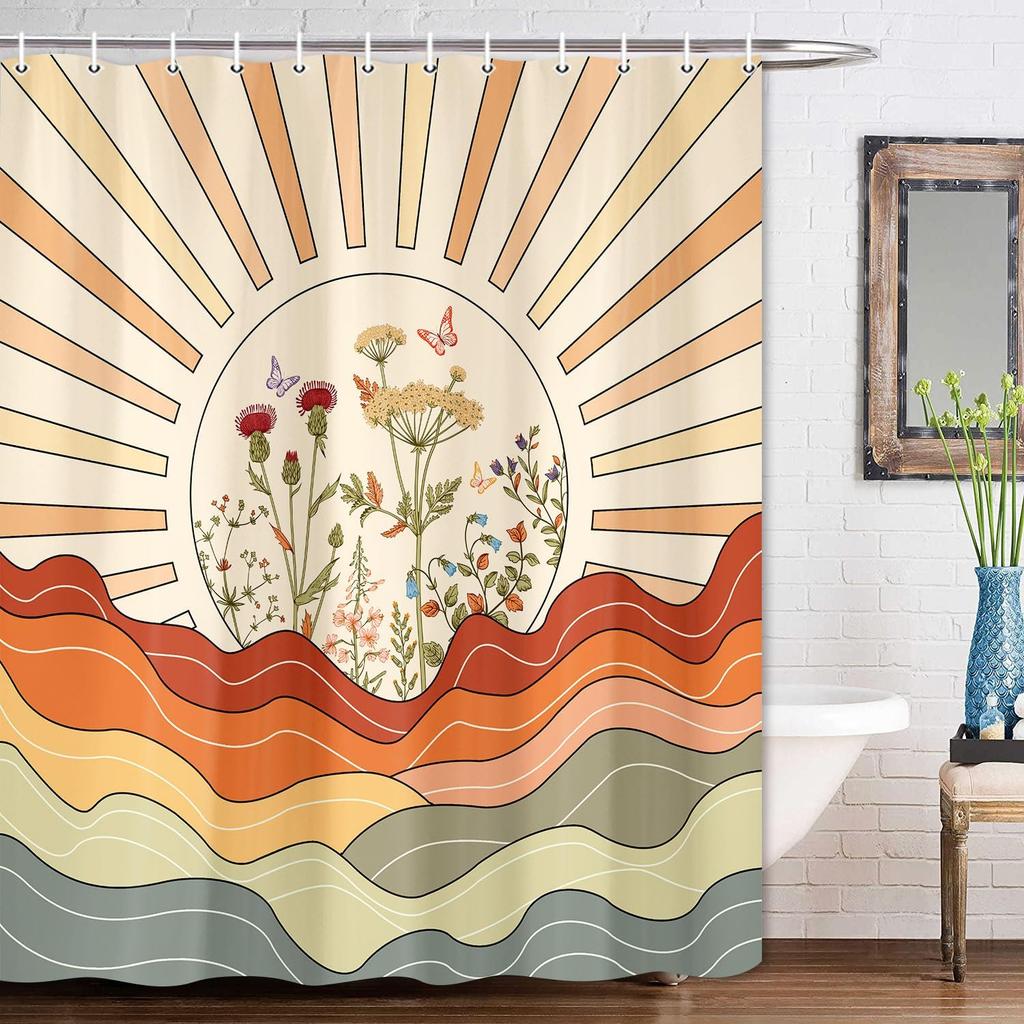 Pink Shower Curtain,Mushrooms Flower Floral Bath Curtain,Retro 70S Hippie Groovy Shower Curtains For Girls Bathroom Decor