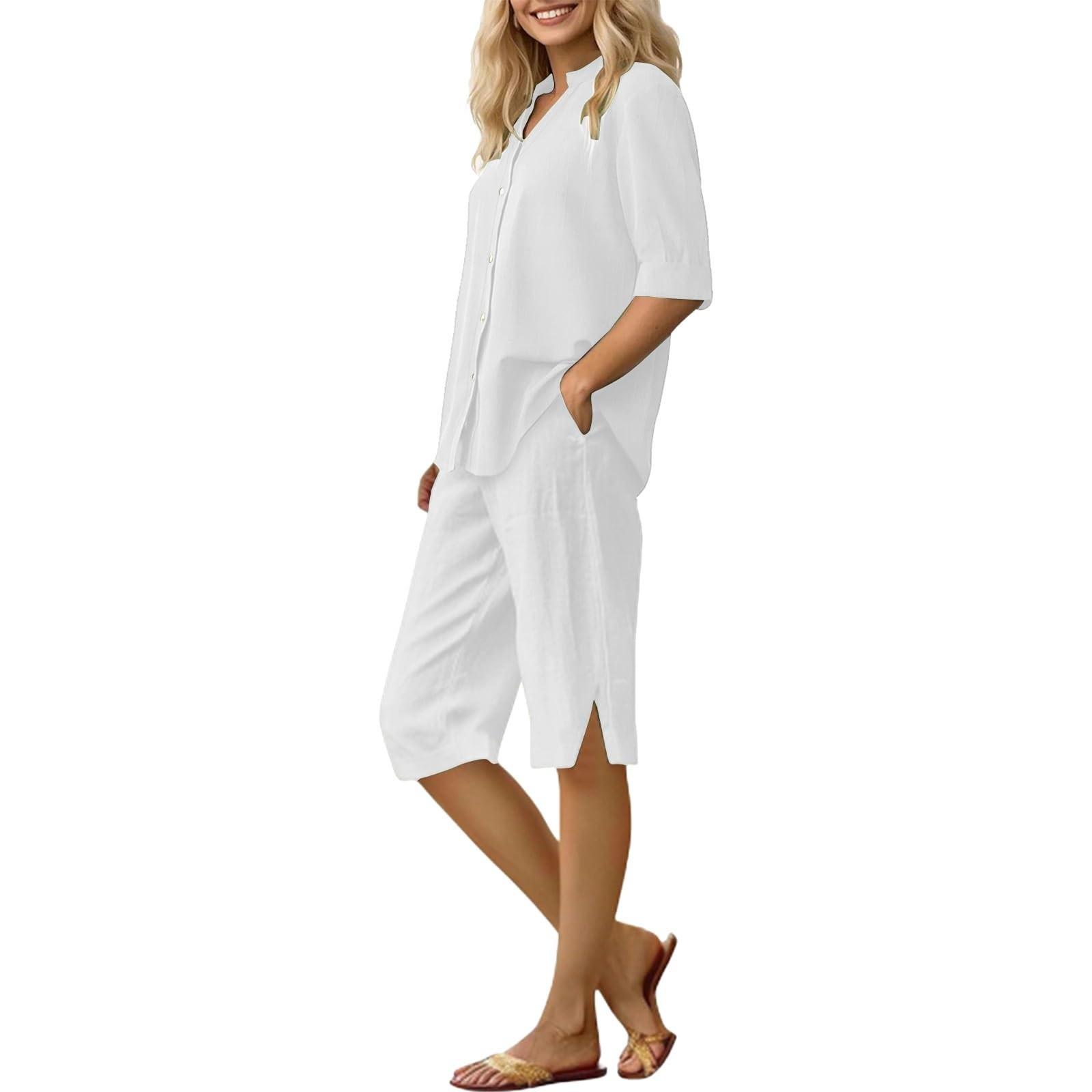 

Women s Loose Fashion Solid Color Cotton And Linen Seven Sleeves Cardigan Shorts Set XL белый