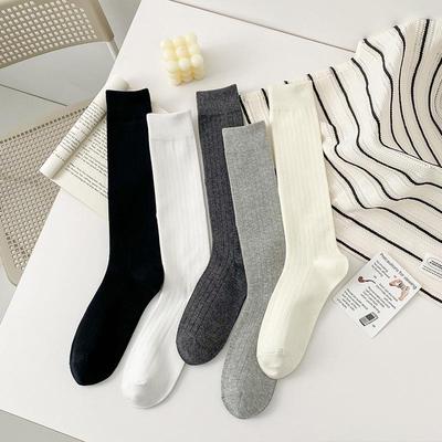 Autumn & Winter Combed Cotton Calf-Length Socks: Trendy JK Academy Style, Solid Color Vertical Stripes, Japanese Versatile Long Tube Women's Socks