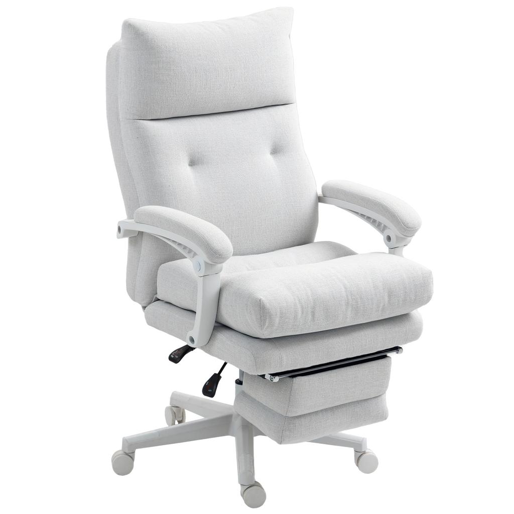 Rolling Chair, Linen Look, Height-Adjustable, 160 Degree Recline, Footrest, Cream White