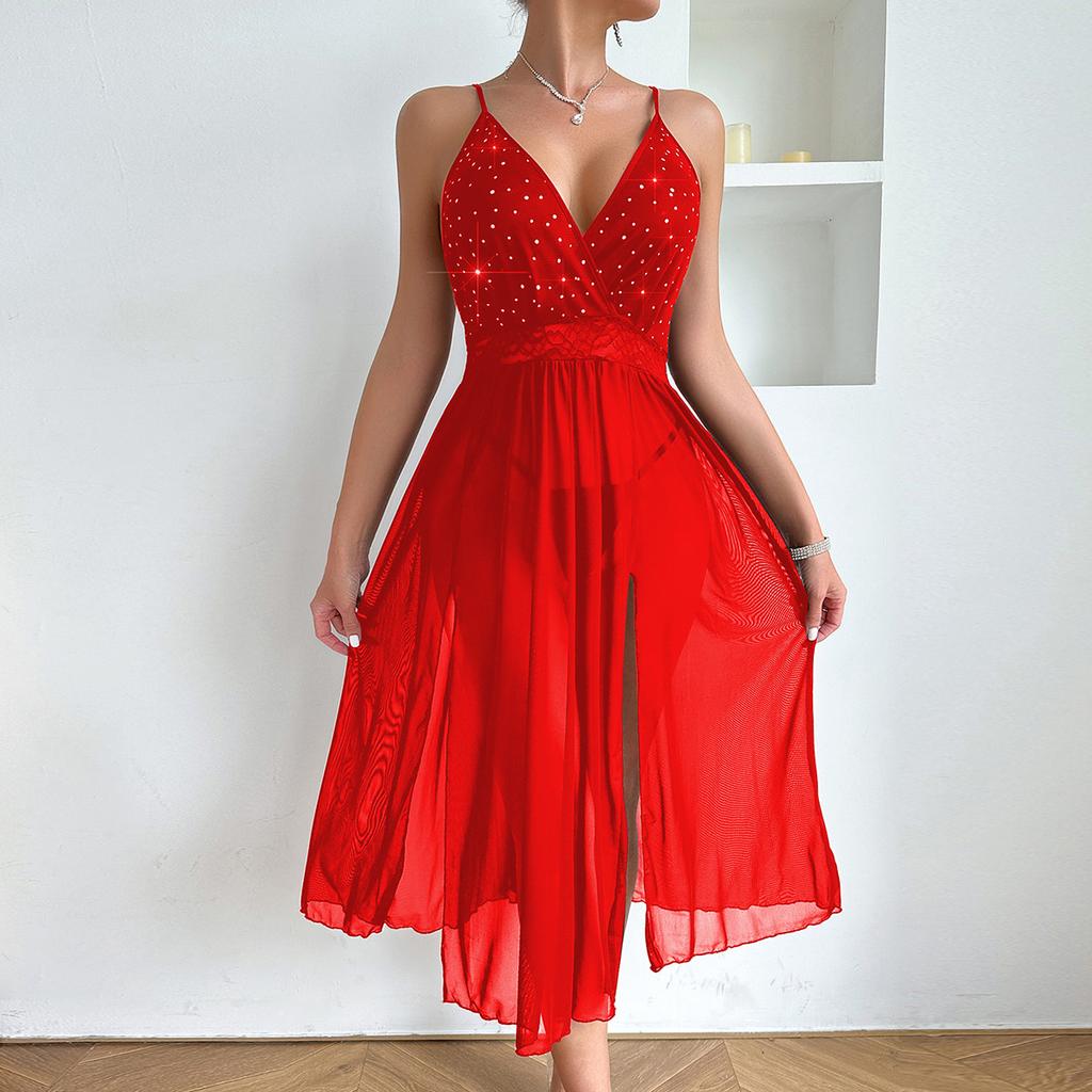 Heißes Netz-Camisole-Nachthemd mit tiefem V-Ausschnitt und hohem Schlitz, einfarbig, sexy, langes Loungewear 713 Glitzerndes, gewagtes Nachtwäsche, verziert mit glänzenden Strasssteinen
