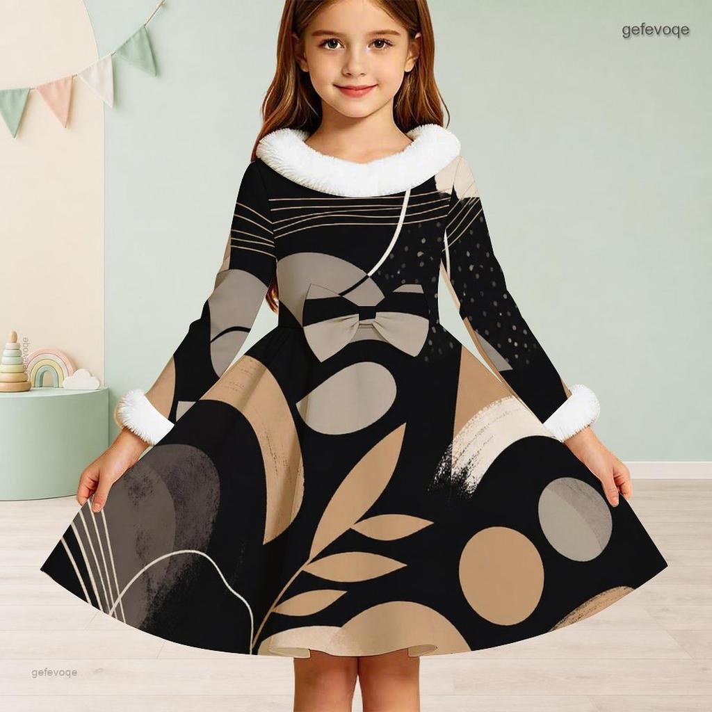 Girls Long Sleeve Faux Fur Collar Abstract Printed A Line Flared Dress With Waist Bow