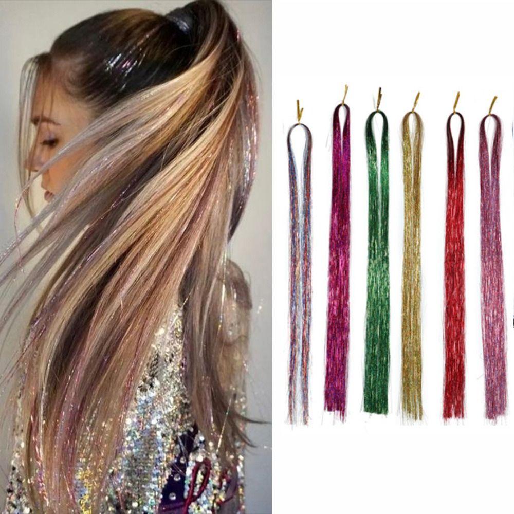 Straight Sparkly Ponytail Rainbow Silk Hair Extensions Braiding Headdress Sparkle Shiny Hair Tinsel